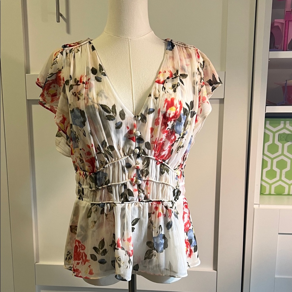 White House Black Market Floral V-Neck Empire Waist Peplum Blouse, Size S